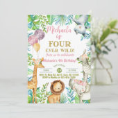 Safari Fourever Wild meisje 4e verjaardag uitnodig Kaart (Staand voorkant)
