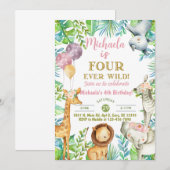 Safari Fourever Wild meisje 4e verjaardag uitnodig Kaart (Voorkant / Achterkant)