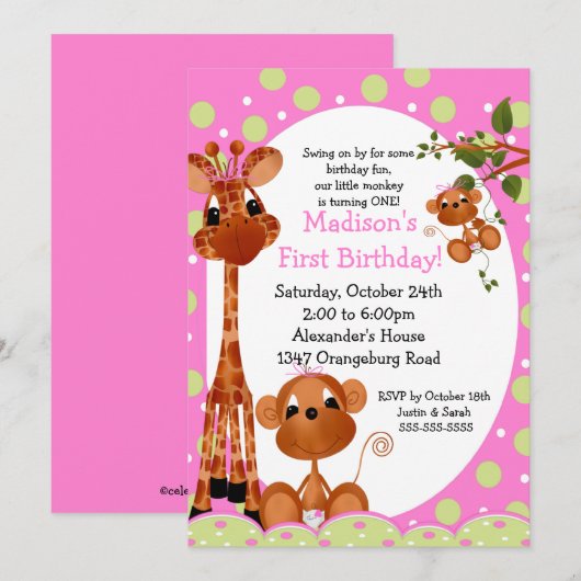 Safari Fun Girls 1ste verjaardag Kaart (Voorkant / Achterkant)