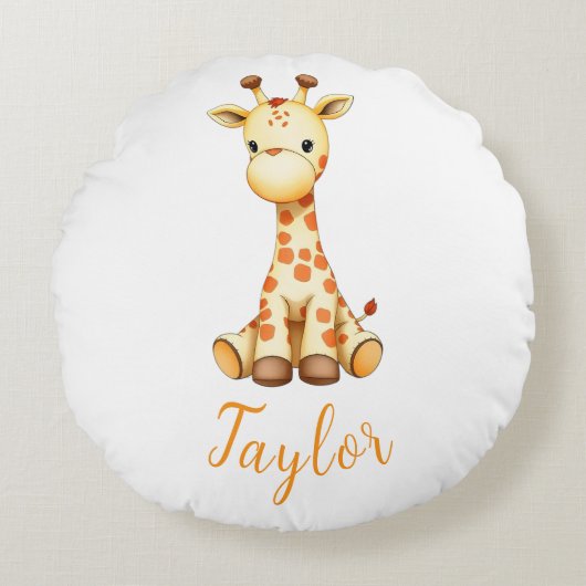 Safari giraf aangepaste naam rond kussen (Voorkant)