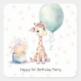 Safari Giraffe Balloon Cake 1st. verjaardagsfeestj Vierkante Sticker