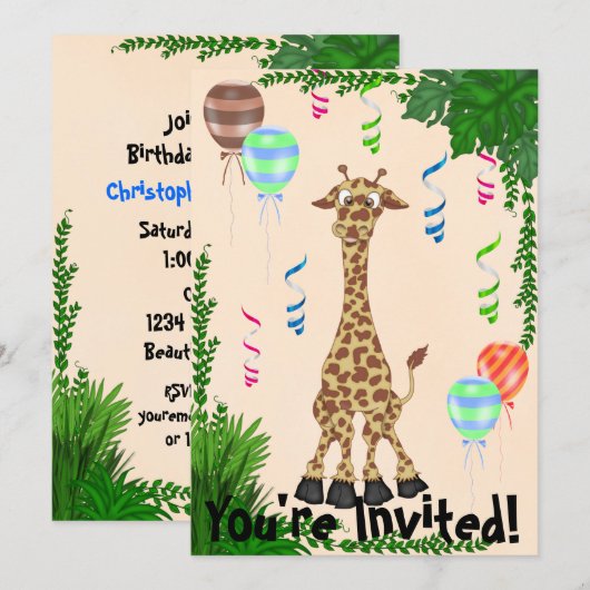 Safari Giraffe Birthday Party Invitation Kaart (Voorkant / Achterkant)