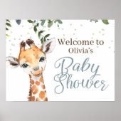 Safari Giraffe Blauw Grijs Welkom Baby shower Poster (Voorkant)