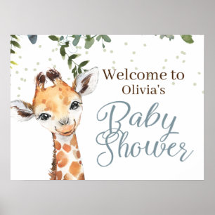 Safari Giraffe Blauw Grijs Welkom Baby shower Poster