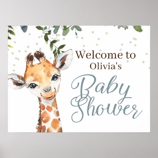 Safari Giraffe Blauw Grijs Welkom Baby shower Poster (Voorkant)
