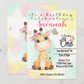Safari Giraffe eerste verjaardagsuitnodiging Kaart (Voorkant / Achterkant)
