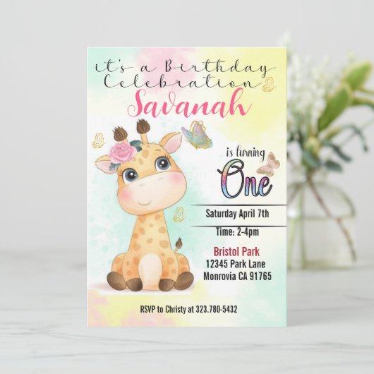 Safari Giraffe eerste verjaardagsuitnodiging Kaart (Staand voorkant)