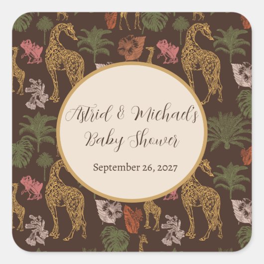 Safari Giraffe & Palm Leaves Baby shower Favoriet Vierkante Sticker (Voorkant)
