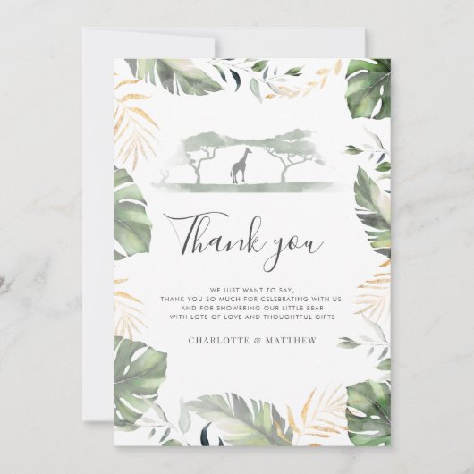 Safari Giraffe Palms verlaat Baby shower Bedankkaart (Voorkant)