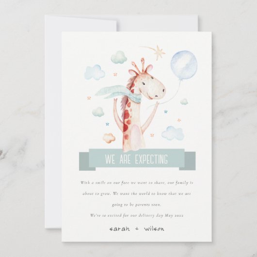Safari Giraffe Star Cloud Balloon Baby Zwangerscha Aankondiging (Voorkant)