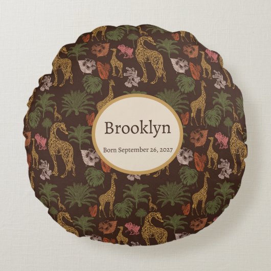 Safari Giraffe & tropische bladeren kwekerij Rond Kussen (Voorkant)