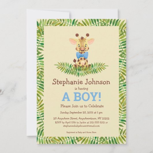 Safari Giraffe Waterverf Cute Boy Baby shower Kaart (Voorkant)