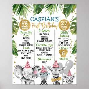 Safari Gold Green 1st Birthday Milestone Poster