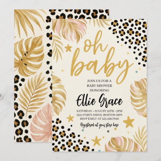 Safari Gold Leopard print Baby shower uitnodiging (Voorkant / Achterkant)