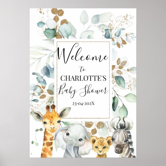 Safari Gray Gold Foliage Baby shower Welkom Poster (Voorkant)