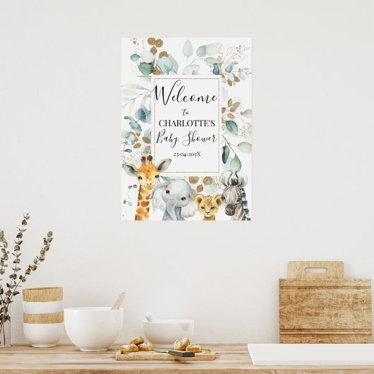 Safari Gray Gold Foliage Baby shower Welkom Poster (Keuken)