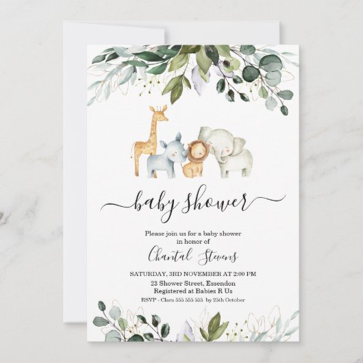 Safari Green Gold Foliage Baby shower Invitation Kaart (Voorkant)