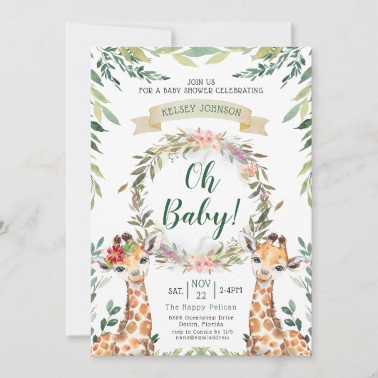 Safari Greenery Giraffe Oh Baby shower Kaart (Voorkant)