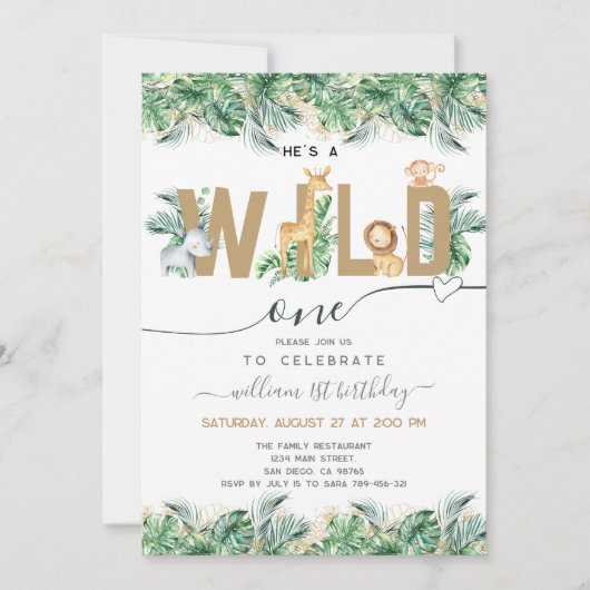 Safari Greenery Wild One Boy 1st Birthday Foto Kaart (Voorkant)