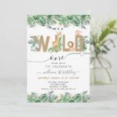 Safari Greenery Wild One Boy 1st Birthday Foto Kaart (Staand voorkant)