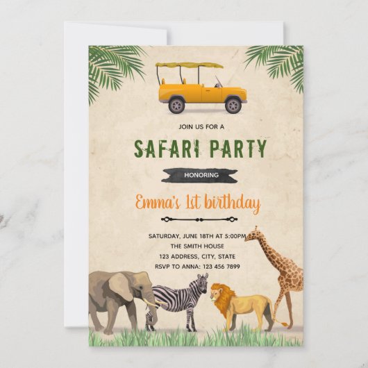 Safari-jeep verjaardag thema uitnodiging (Voorkant)