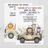 Safari Jeep Wild One First Birthday Invitation Kaart (Voorkant / Achterkant)