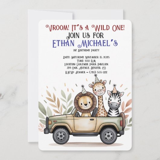 Safari Jeep Wild One First Birthday Invitation Kaart (Voorkant)