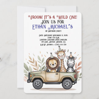 Safari Jeep Wild One First Birthday Invitation Kaart
