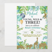 Safari Jong Wild Drie jongen 3e verjaardag uitnodi Kaart (Voorkant / Achterkant)
