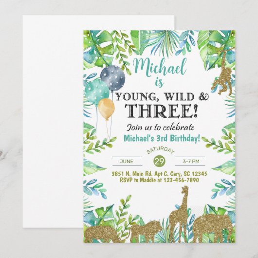 Safari Jong Wild Drie jongen 3e verjaardag uitnodi Kaart (Voorkant / Achterkant)