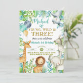 Safari Jong Wild Drie jongen 3e verjaardag uitnodi Kaart (Staand voorkant)