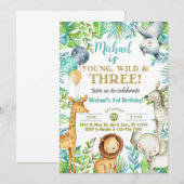 Safari Jong Wild Drie jongen 3e verjaardag uitnodi Kaart (Voorkant / Achterkant)