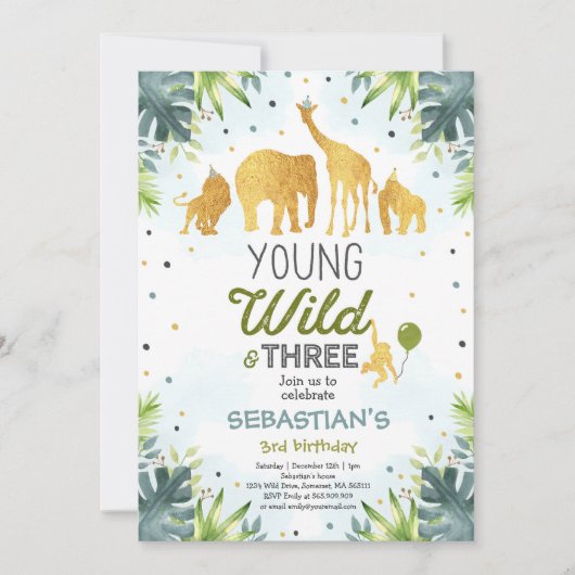Safari Jong Wild En Drie Verjaardagsuitnodiging Kaart (Voorkant)