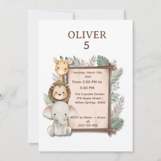 Safari Jungle 5th Birthday Invite Boy Kaart (Voorkant)