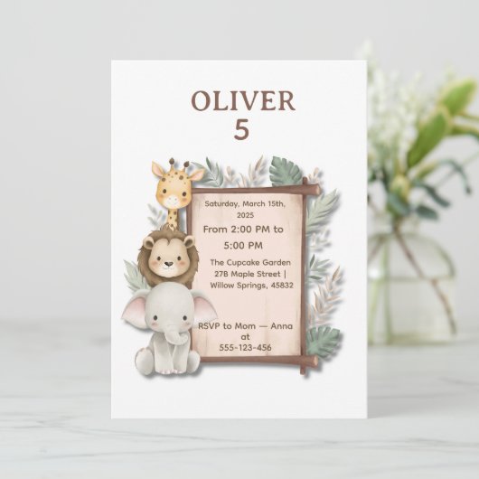Safari Jungle 5th Birthday Invite Boy Kaart (Staand voorkant)