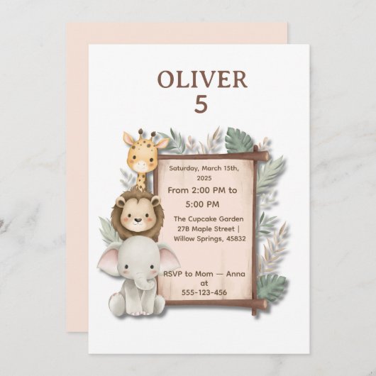Safari Jungle 5th Birthday Invite Boy Kaart (Voorkant / Achterkant)