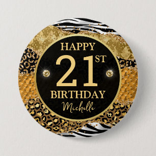 Safari Jungle Agate Goud Glitter 21e Verjaardag Ronde Button 7,6 Cm