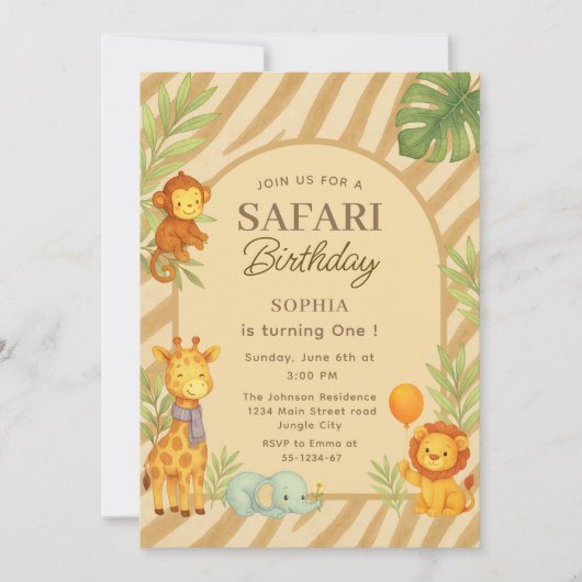 Safari Jungle Animals First Birthday  Kaart (Voorkant)
