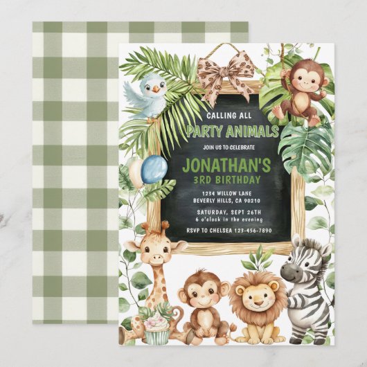 Safari Jungle Animals Greenery Birthday Kaart (Voorkant / Achterkant)