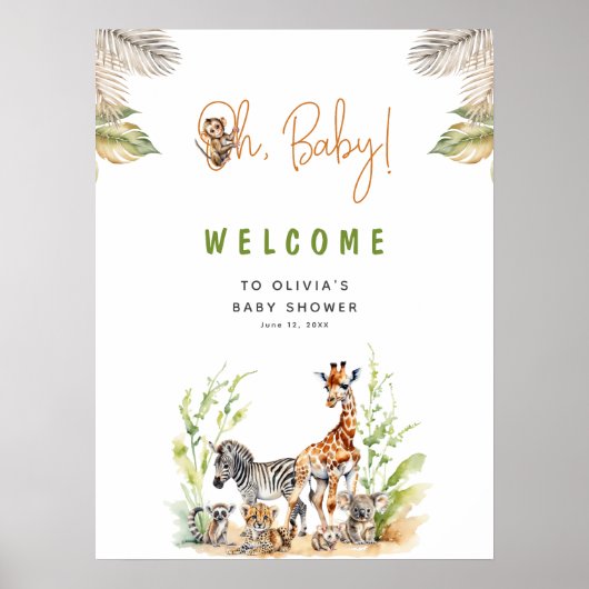 Safari Jungle Baby Dieren Baby Shower Welkom Poster (Voorkant)