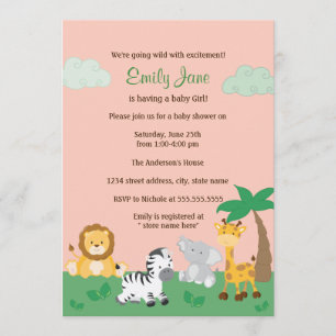 Safari Jungle Baby Meisje Shower Uitnodiging