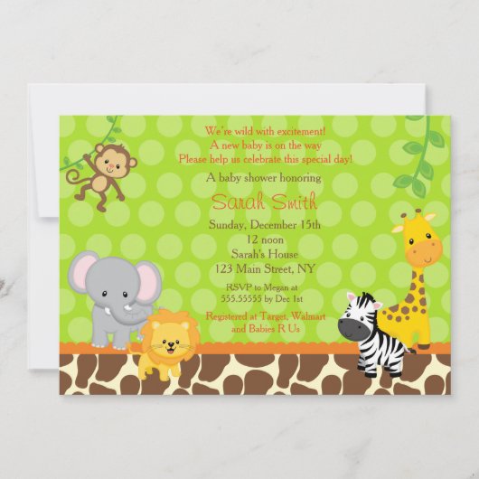 Safari Jungle Dieren Baby Shower Uitnodigingen (Voorkant)