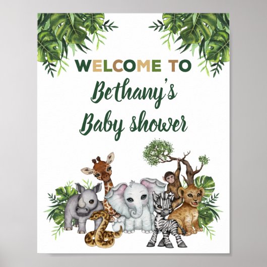 Safari Jungle Dieren Baby Shower Welkom Bord Poster (Voorkant)