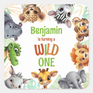 Safari Jungle Dieren Kinder Wilde Eén Verjaardagsf Vierkante Sticker