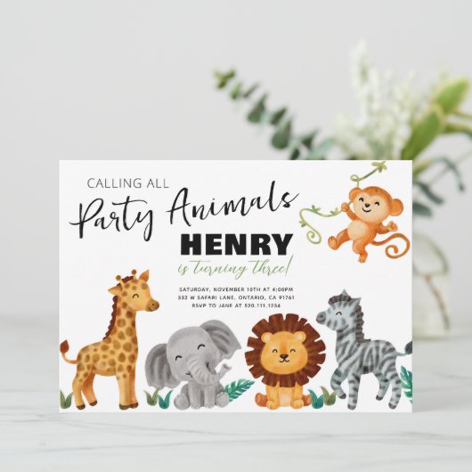Safari Jungle Feest Dieren Verjaardagsuitnodiging Kaart (Staand voorkant)