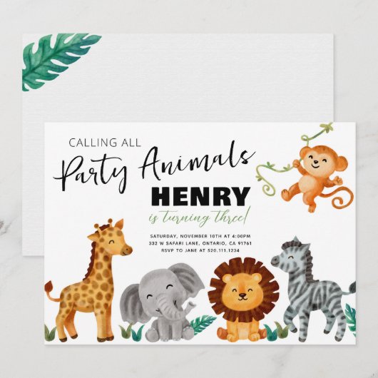 Safari Jungle Feest Dieren Verjaardagsuitnodiging Kaart (Voorkant / Achterkant)