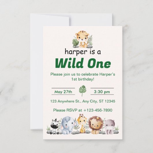 Safari Jungle First Birthday Kaart (Voorkant)