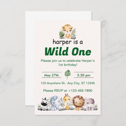 Safari Jungle First Birthday Kaart (Voorkant / Achterkant)
