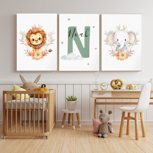 Safari Jungle Nursery Set with Name Initial Green