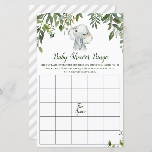 Safari Jungle Olifant Baby Shower Spel PRINTED (Voorkant / Achterkant)